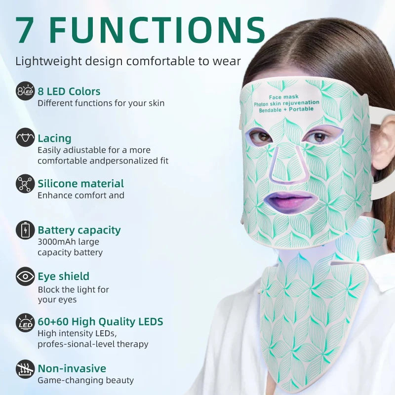 Red Light Near Infrared Therapy LED 8 Colors Face Mask and Neck Anti Aging Wrinkle Acne Pore Oil Control Skin Tighten Whiten