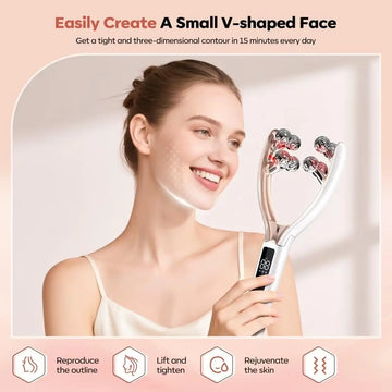 Facial Massager for Face and Neck V‑Shape Lifting Roller with Microcurrent Red Blue Light Therapy Vibrating Face Slimmer Device