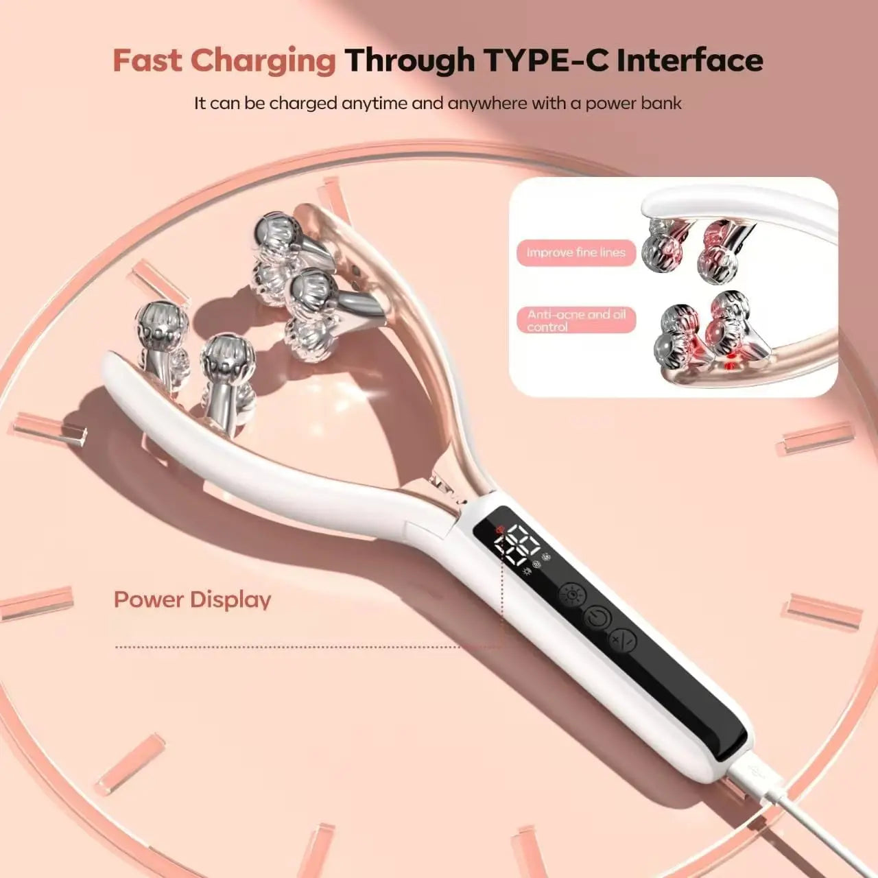 Facial Massager for Face and Neck V‑Shape Lifting Roller with Microcurrent Red Blue Light Therapy Vibrating Face Slimmer Device